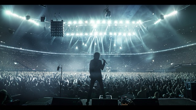 Massive stadium crowd at night during AM tour